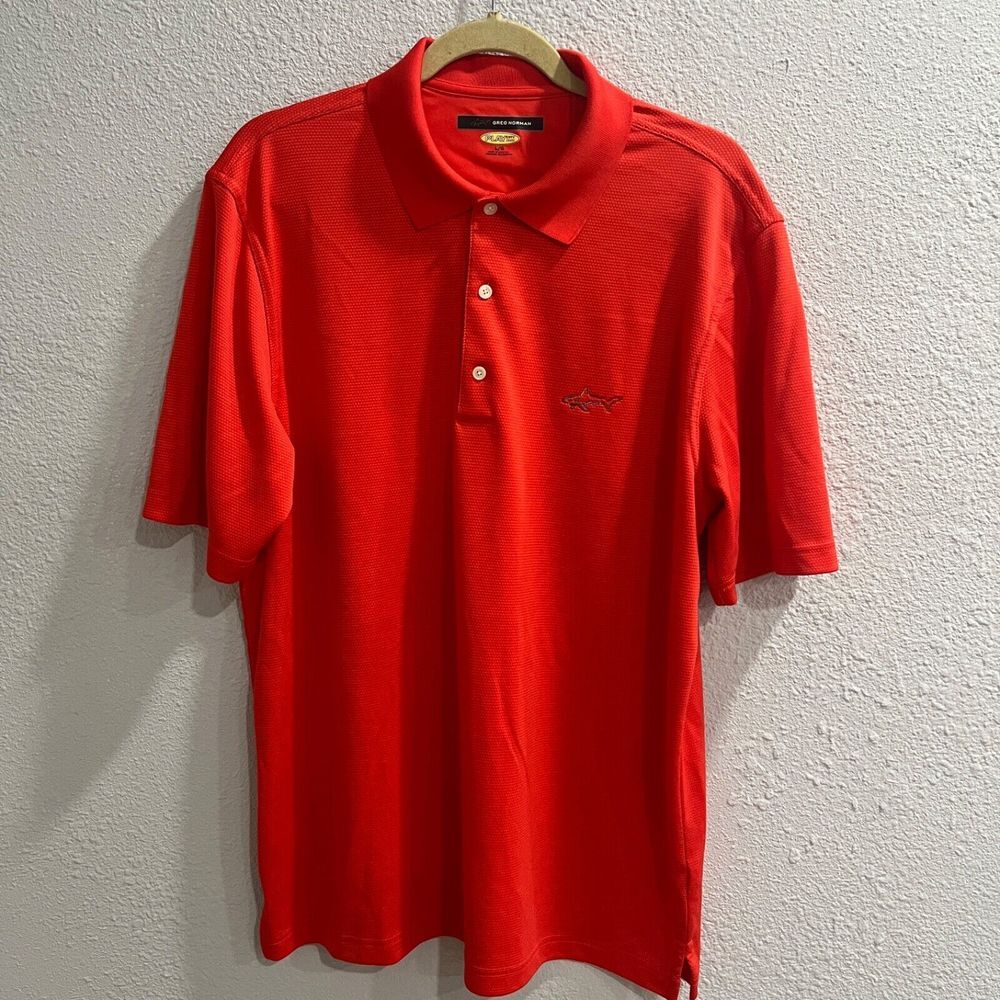 Greg Norman Play Dry Mens Golf Shirt Large Red Orange Polo Shark Logo Polyester